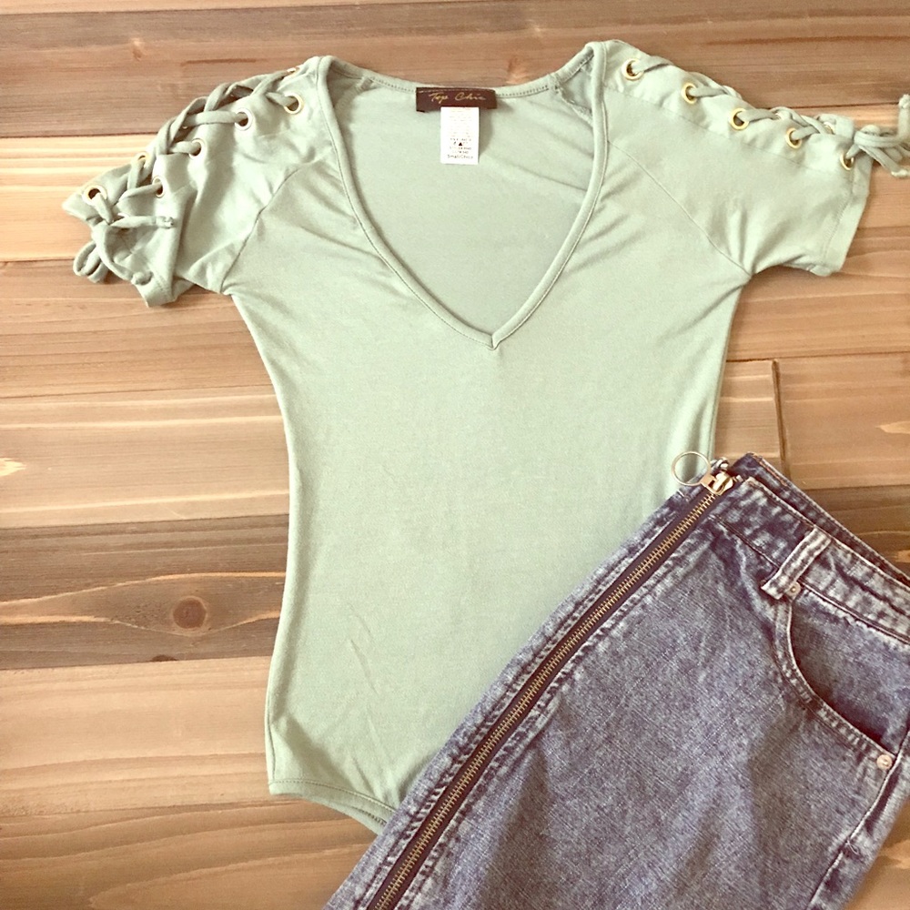 (SMALL) Pistachio Bodysuit w/ shoulder lace up